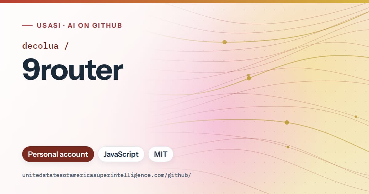 Generated red flowing-wave artwork for decolua/9router, labeled USASI · AI on GitHub, with Personal account · JavaScript · MIT.