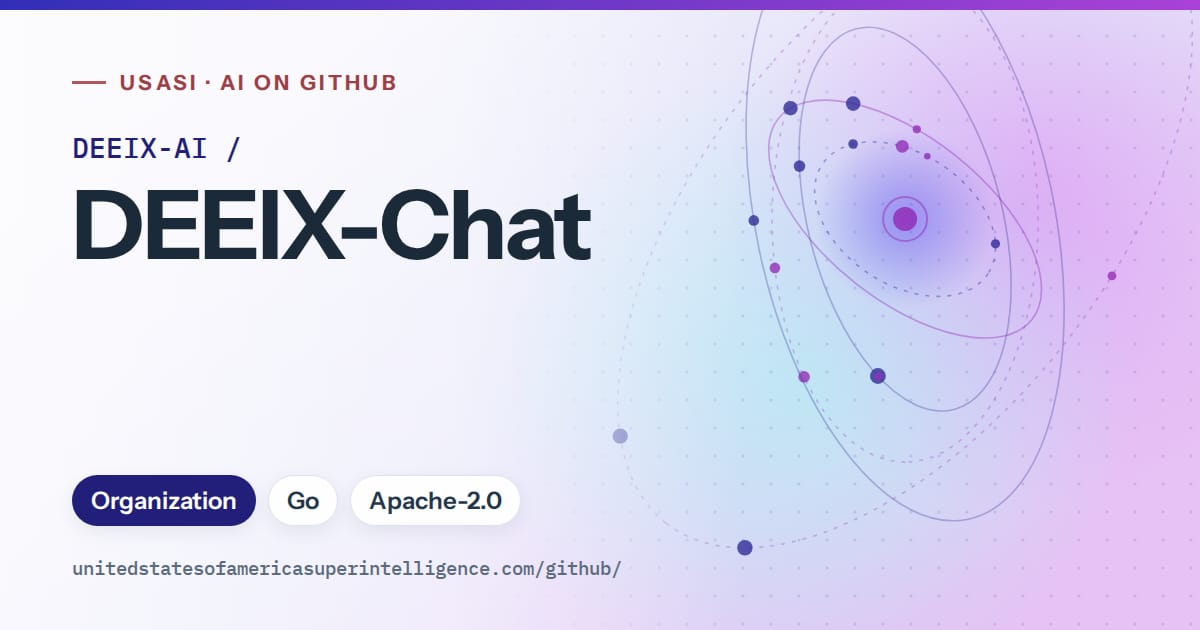 Generated blue orbit artwork for DEEIX-AI/DEEIX-Chat, labeled USASI · AI on GitHub, with Organization · Go · Apache-2.0.