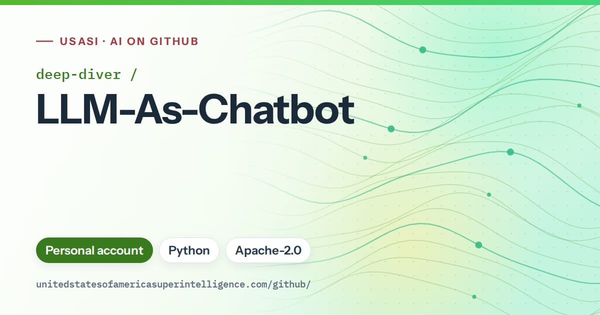 Generated green flowing-wave artwork for deep-diver/LLM-As-Chatbot, labeled USASI · AI on GitHub, with Personal account · Python · Apache-2.0.