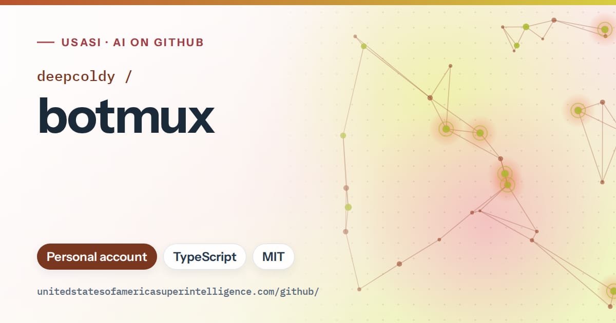 Generated orange constellation network artwork for deepcoldy/botmux, labeled USASI · AI on GitHub, with Personal account · TypeScript · MIT.