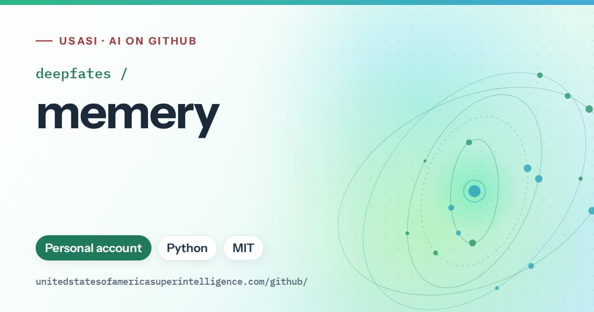 Generated teal orbit artwork for deepfates/memery, labeled USASI · AI on GitHub, with Personal account · Python · MIT.