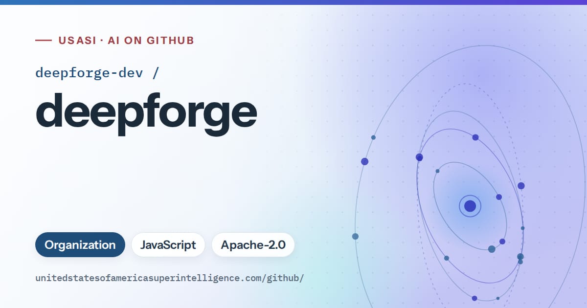Generated sky blue orbit artwork for deepforge-dev/deepforge, labeled USASI · AI on GitHub, with Organization · JavaScript · Apache-2.0.