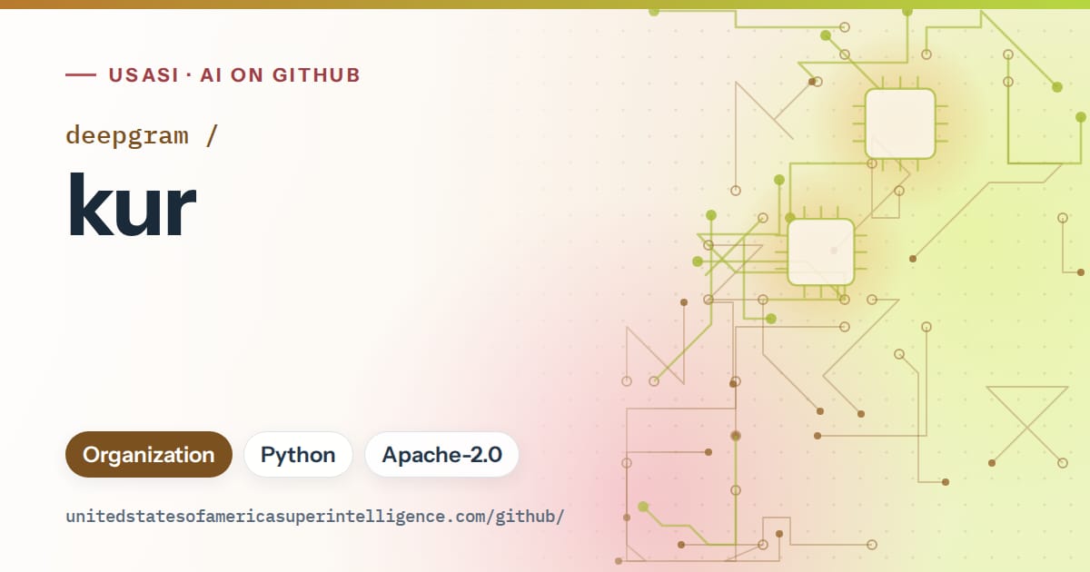 Generated orange circuit-trace artwork for deepgram/kur, labeled USASI · AI on GitHub, with Organization · Python · Apache-2.0.