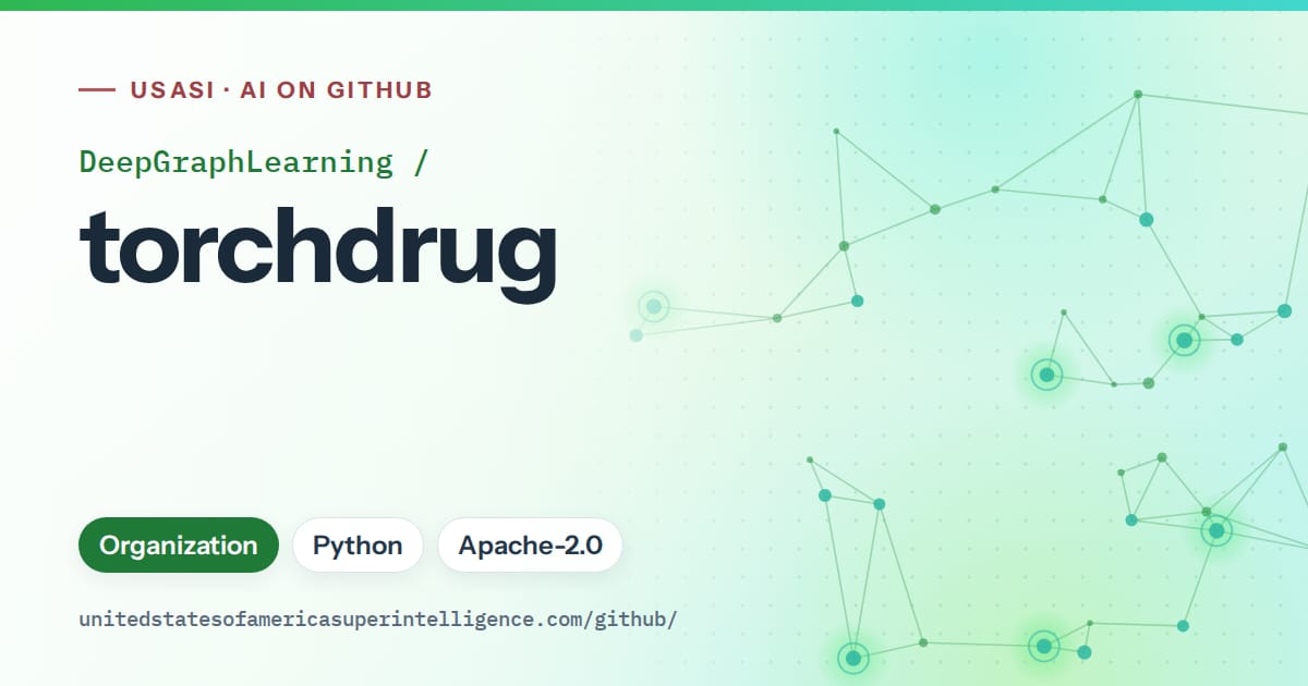 Generated green constellation network artwork for DeepGraphLearning/torchdrug, labeled USASI · AI on GitHub, with Organization · Python · Apache-2.0.