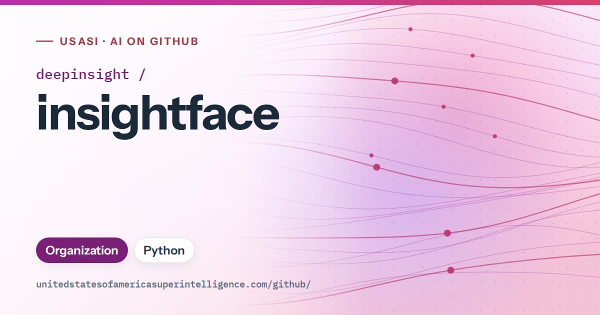 Generated purple flowing-wave artwork for deepinsight/insightface, labeled USASI · AI on GitHub, with Organization · Python.