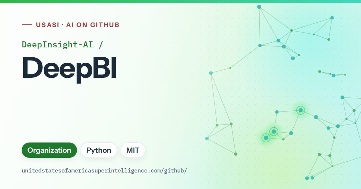 Generated green constellation network artwork for DeepInsight-AI/DeepBI, labeled USASI · AI on GitHub, with Organization · Python · MIT.
