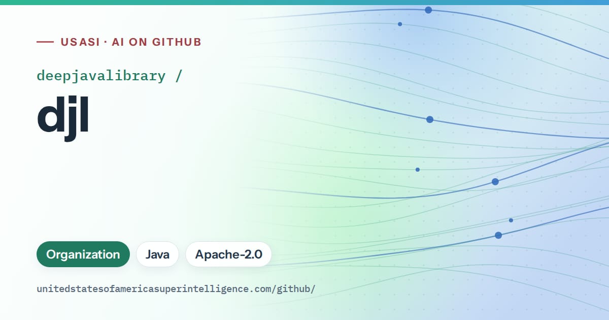 Generated teal flowing-wave artwork for deepjavalibrary/djl, labeled USASI · AI on GitHub, with Organization · Java · Apache-2.0.