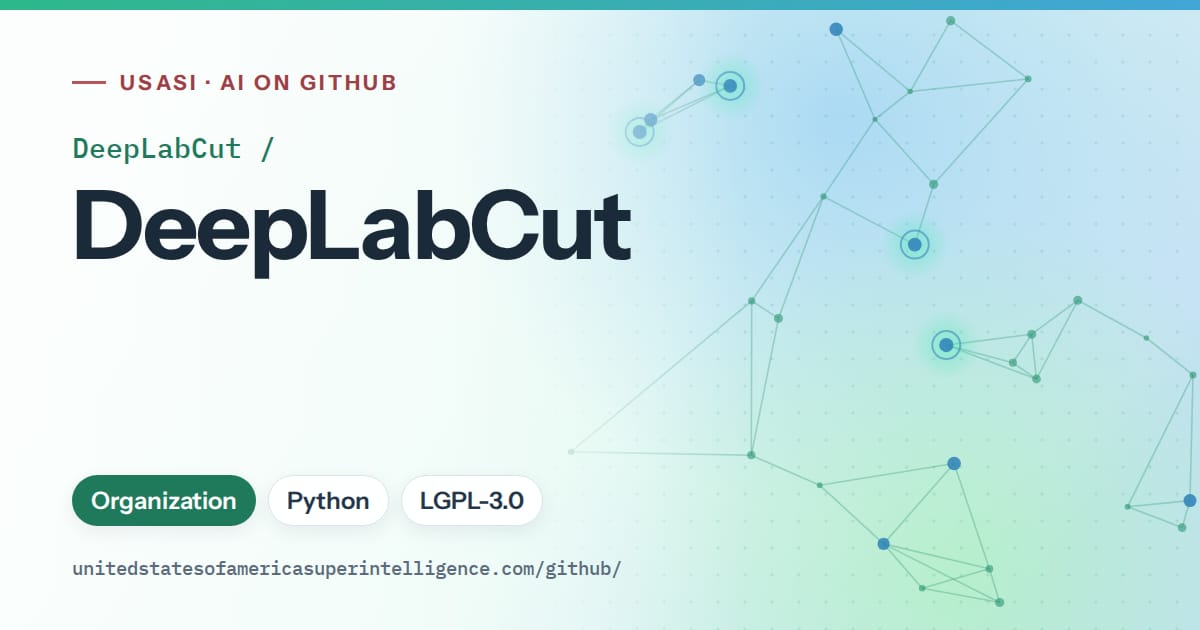 Generated teal constellation network artwork for DeepLabCut/DeepLabCut, labeled USASI · AI on GitHub, with Organization · Python · LGPL-3.0.