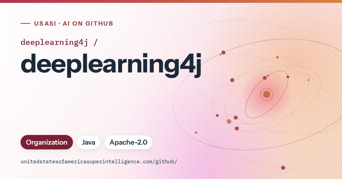 Generated red orbit artwork for deeplearning4j/deeplearning4j, labeled USASI · AI on GitHub, with Organization · Java · Apache-2.0.
