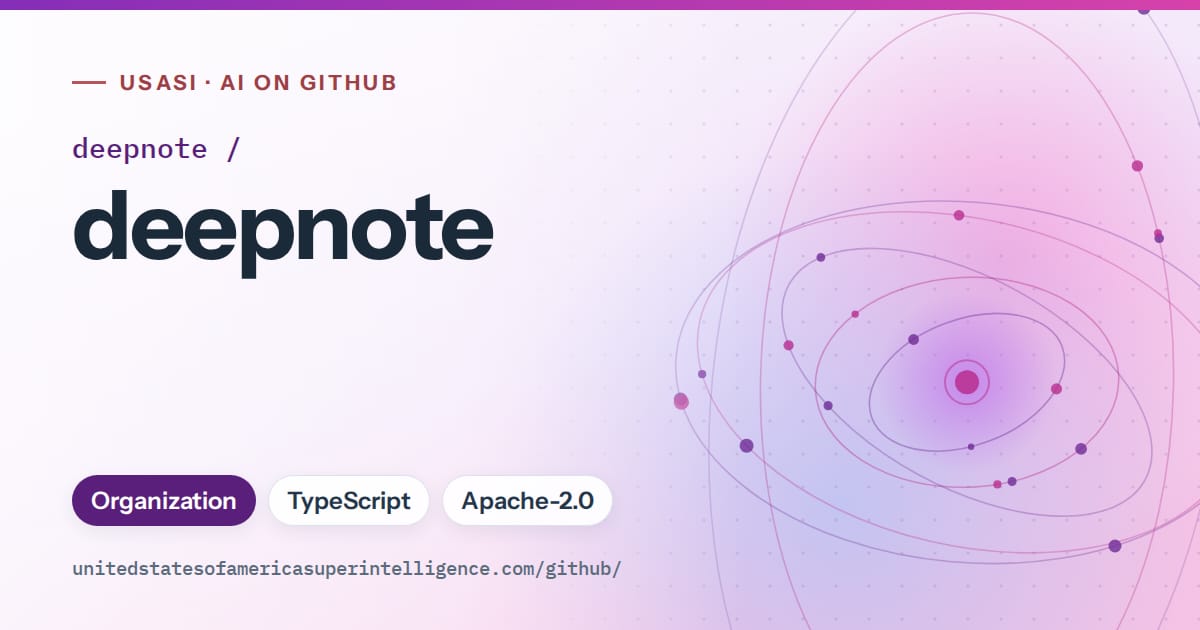 Generated violet orbit artwork for deepnote/deepnote, labeled USASI · AI on GitHub, with Organization · TypeScript · Apache-2.0.