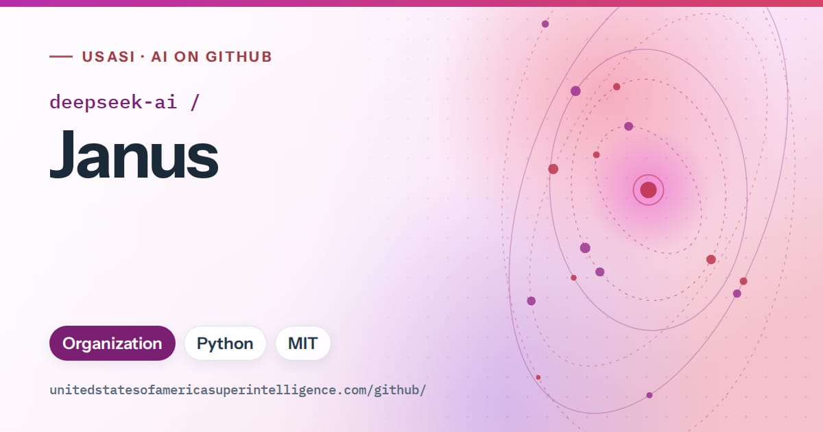 Generated purple orbit artwork for deepseek-ai/Janus, labeled USASI · AI on GitHub, with Organization · Python · MIT.