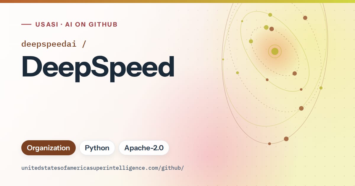Generated orange orbit artwork for deepspeedai/DeepSpeed, labeled USASI · AI on GitHub, with Organization · Python · Apache-2.0.