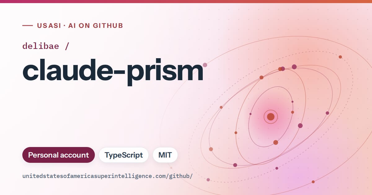 Generated pink orbit artwork for delibae/claude-prism, labeled USASI · AI on GitHub, with Personal account · TypeScript · MIT.