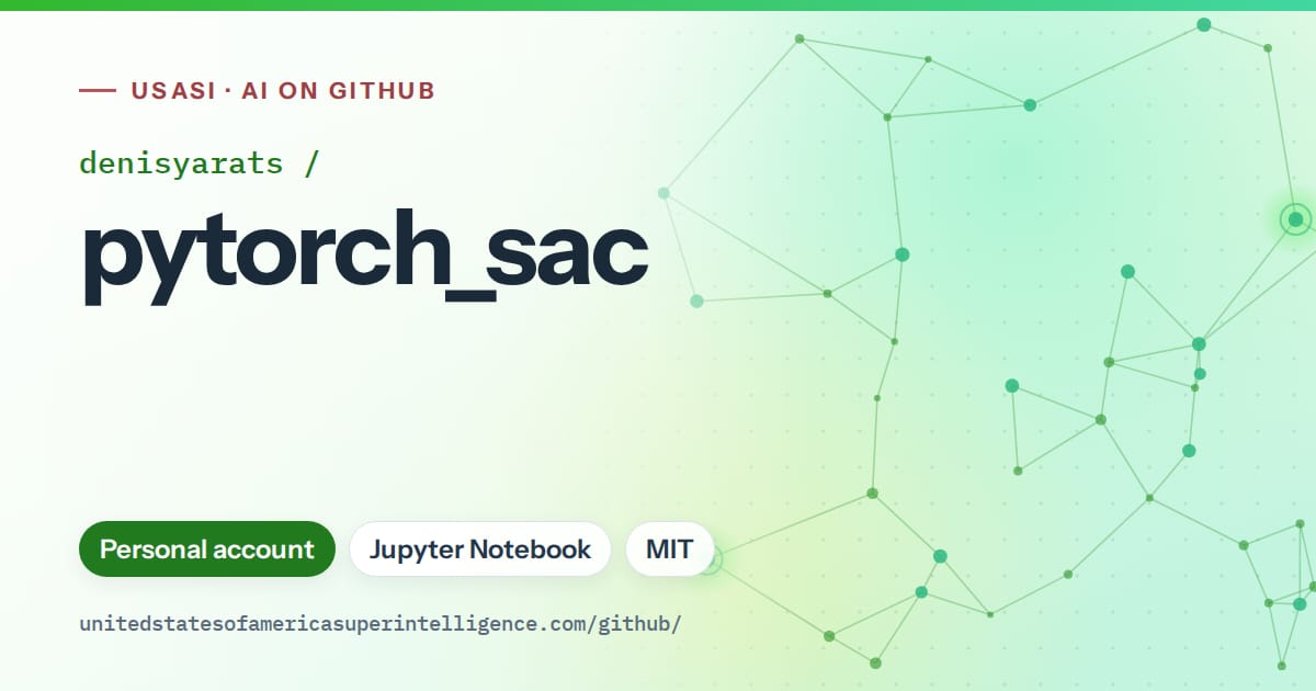 Generated green constellation network artwork for denisyarats/pytorch_sac, labeled USASI · AI on GitHub, with Personal account · Jupyter Notebook · MIT.