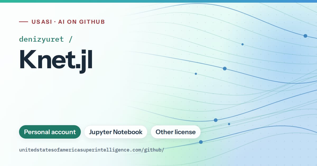 Generated teal flowing-wave artwork for denizyuret/Knet.jl, labeled USASI · AI on GitHub, with Personal account · Jupyter Notebook · Other license.