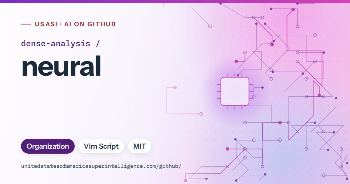 Generated violet circuit-trace artwork for dense-analysis/neural, labeled USASI · AI on GitHub, with Organization · Vim Script · MIT.