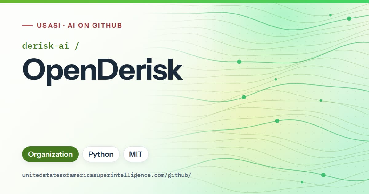 Generated green flowing-wave artwork for derisk-ai/OpenDerisk, labeled USASI · AI on GitHub, with Organization · Python · MIT.
