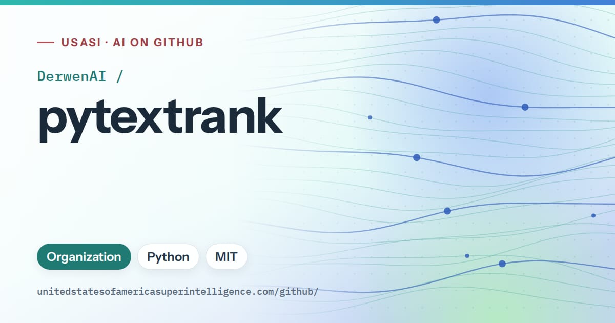 Generated teal flowing-wave artwork for DerwenAI/pytextrank, labeled USASI · AI on GitHub, with Organization · Python · MIT.