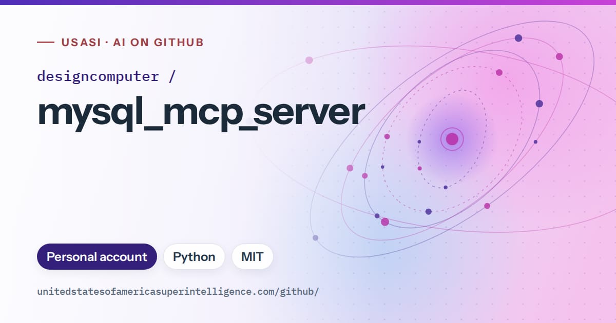 Generated violet orbit artwork for designcomputer/mysql_mcp_server, labeled USASI · AI on GitHub, with Personal account · Python · MIT.