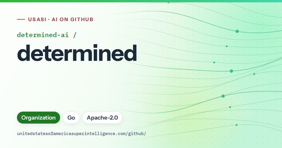 Generated green flowing-wave artwork for determined-ai/determined, labeled USASI · AI on GitHub, with Organization · Go · Apache-2.0.
