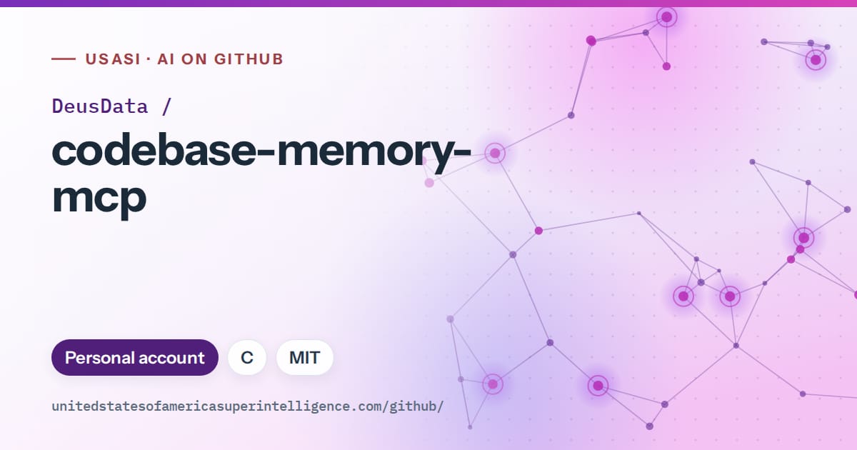 Generated violet constellation network artwork for DeusData/codebase-memory-mcp, labeled USASI · AI on GitHub, with Personal account · C · MIT.