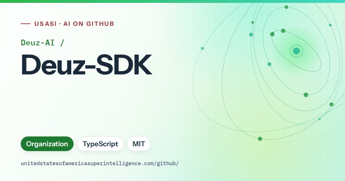 Generated green orbit artwork for Deuz-AI/Deuz-SDK, labeled USASI · AI on GitHub, with Organization · TypeScript · MIT.