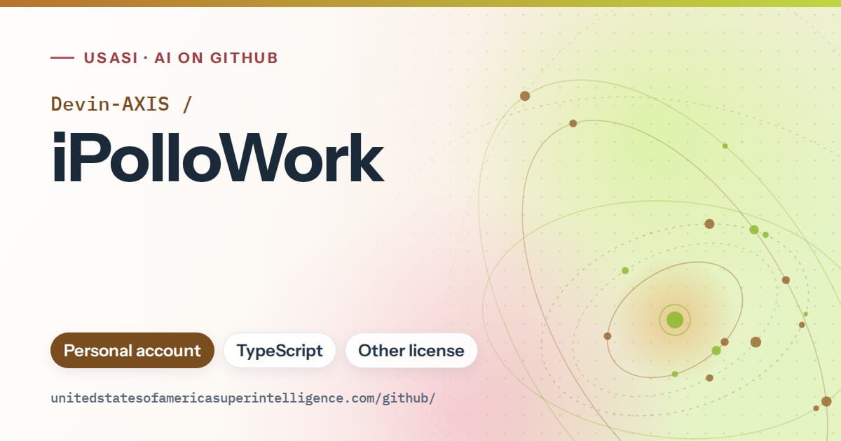 Generated orange orbit artwork for Devin-AXIS/iPolloWork, labeled USASI · AI on GitHub, with Personal account · TypeScript · Other license.