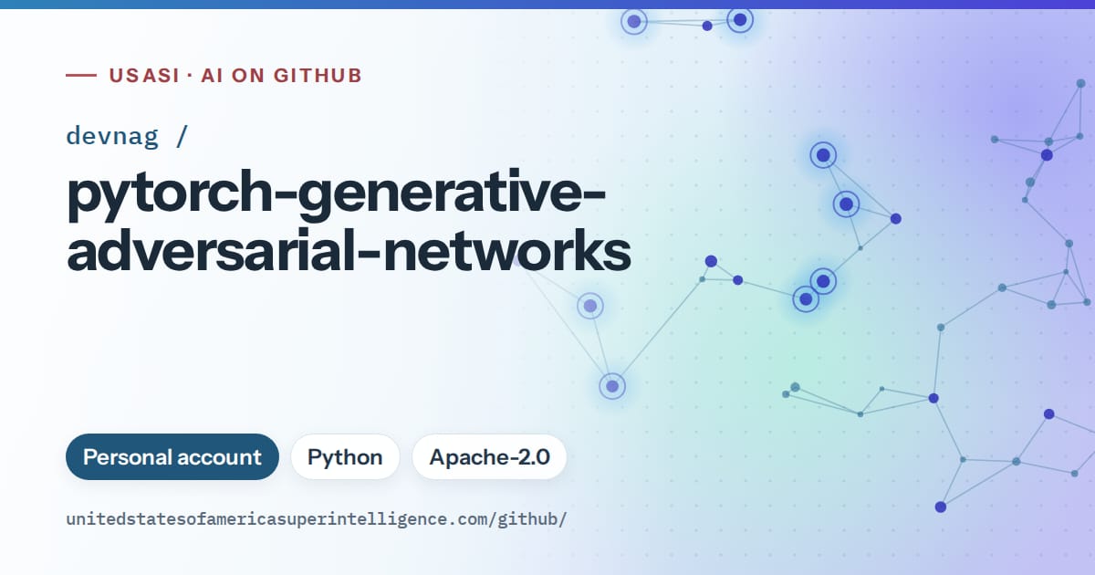 Generated sky blue constellation network artwork for devnag/pytorch-generative-adversarial-networks, labeled USASI · AI on GitHub, with Personal account · Python · Apache-2.0.