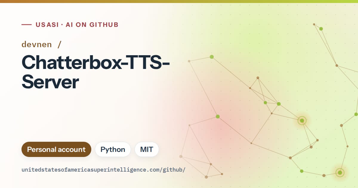 Generated orange constellation network artwork for devnen/Chatterbox-TTS-Server, labeled USASI · AI on GitHub, with Personal account · Python · MIT.