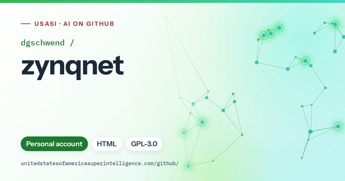 Generated green constellation network artwork for dgschwend/zynqnet, labeled USASI · AI on GitHub, with Personal account · HTML · GPL-3.0.