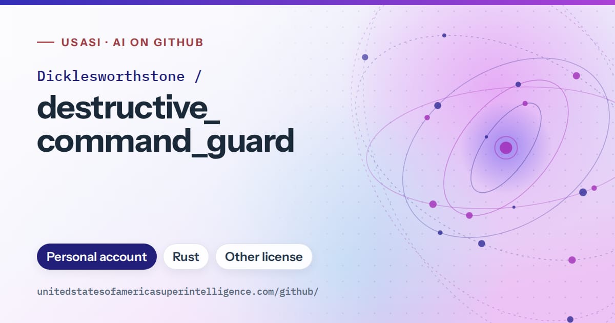 Generated blue orbit artwork for Dicklesworthstone/destructive_command_guard, labeled USASI · AI on GitHub, with Personal account · Rust · Other license.