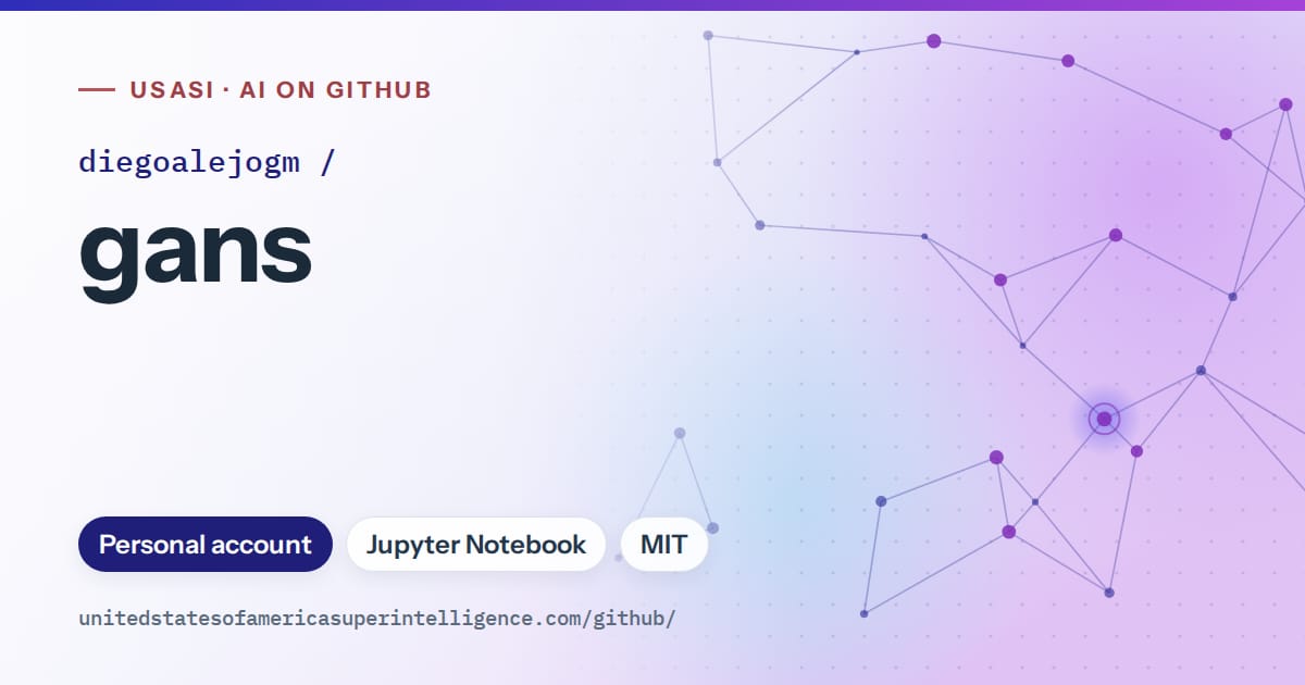 Generated blue constellation network artwork for diegoalejogm/gans, labeled USASI · AI on GitHub, with Personal account · Jupyter Notebook · MIT.