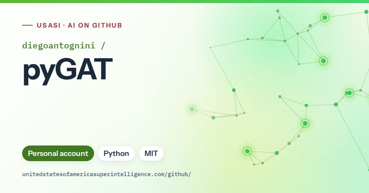 Generated green constellation network artwork for diegoantognini/pyGAT, labeled USASI · AI on GitHub, with Personal account · Python · MIT.