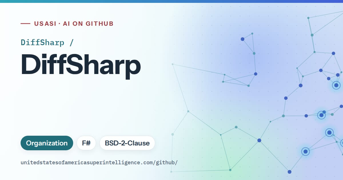 Generated teal constellation network artwork for DiffSharp/DiffSharp, labeled USASI · AI on GitHub, with Organization · F# · BSD-2-Clause.