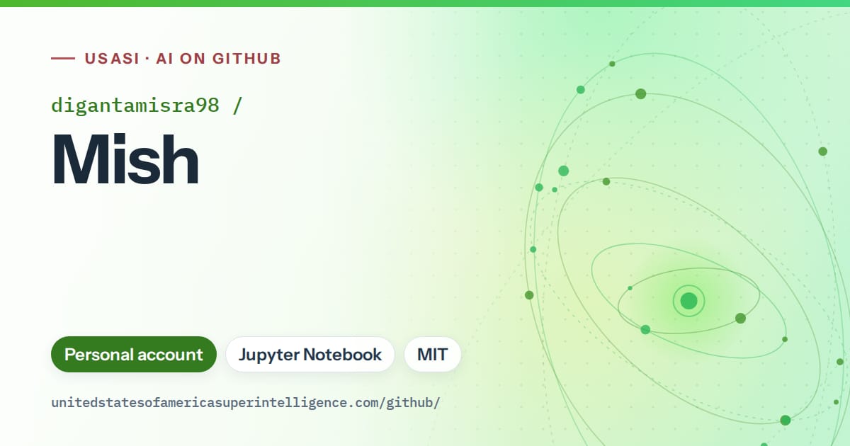Generated green orbit artwork for digantamisra98/Mish, labeled USASI · AI on GitHub, with Personal account · Jupyter Notebook · MIT.