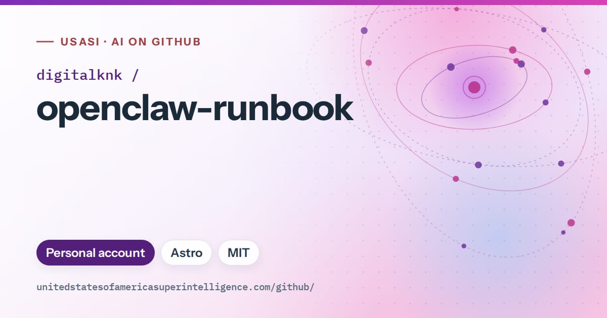 Generated violet orbit artwork for digitalknk/openclaw-runbook, labeled USASI · AI on GitHub, with Personal account · Astro · MIT.