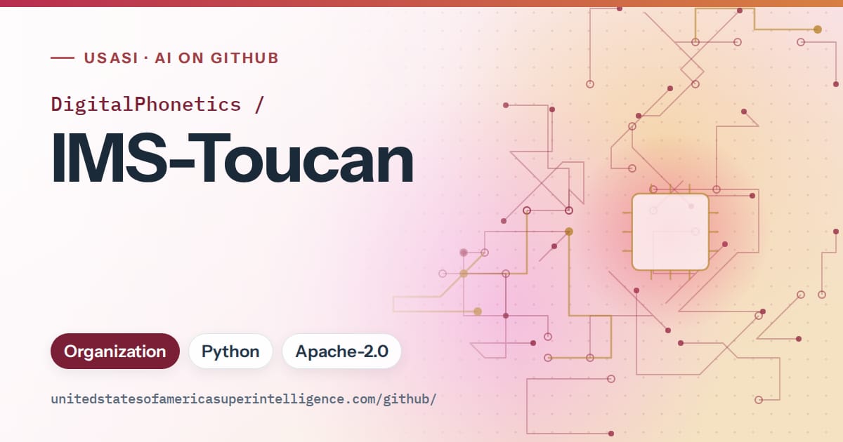 Generated red circuit-trace artwork for DigitalPhonetics/IMS-Toucan, labeled USASI · AI on GitHub, with Organization · Python · Apache-2.0.