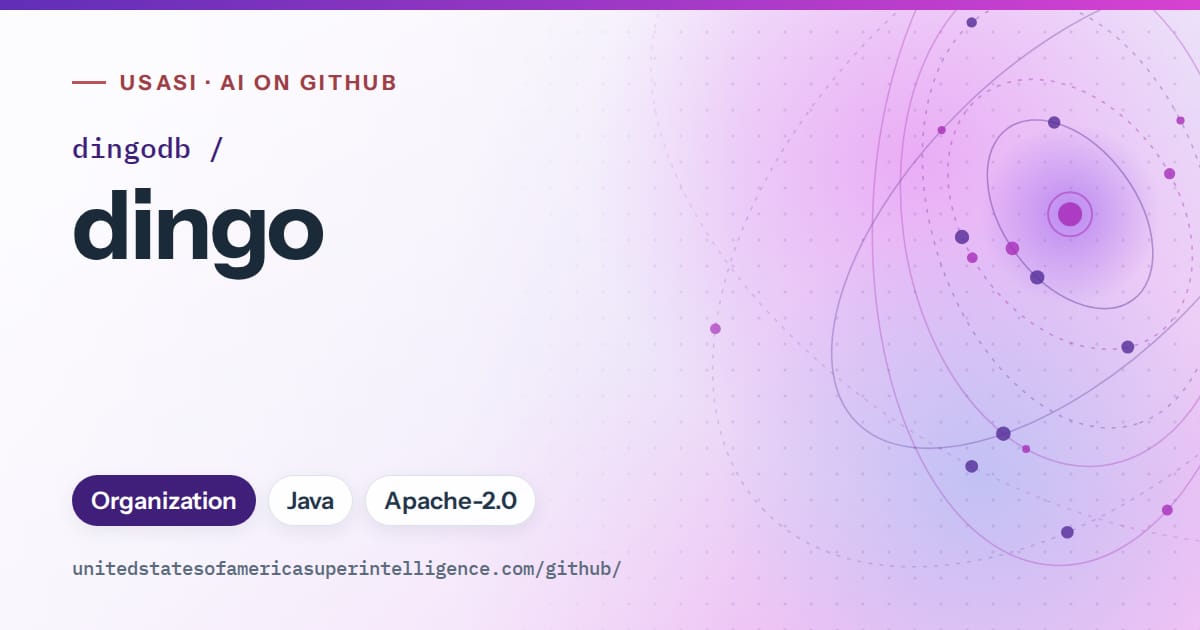 Generated violet orbit artwork for dingodb/dingo, labeled USASI · AI on GitHub, with Organization · Java · Apache-2.0.