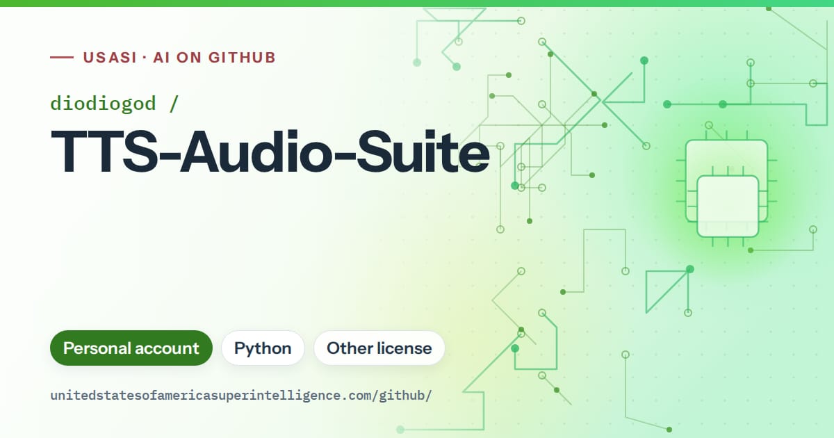 Generated green circuit-trace artwork for diodiogod/TTS-Audio-Suite, labeled USASI · AI on GitHub, with Personal account · Python · Other license.
