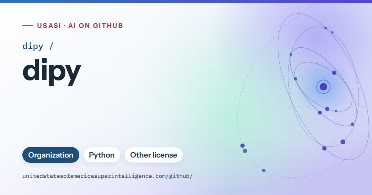 Generated sky blue orbit artwork for dipy/dipy, labeled USASI · AI on GitHub, with Organization · Python · Other license.