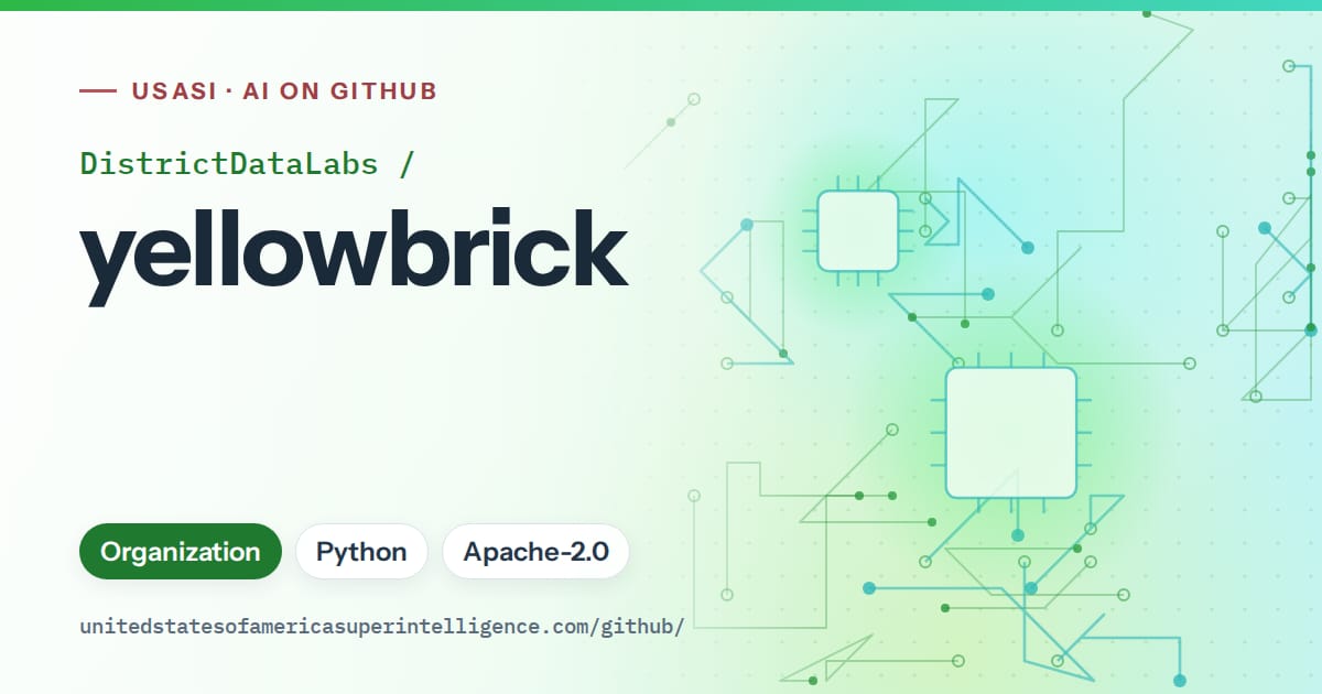 Generated green circuit-trace artwork for DistrictDataLabs/yellowbrick, labeled USASI · AI on GitHub, with Organization · Python · Apache-2.0.