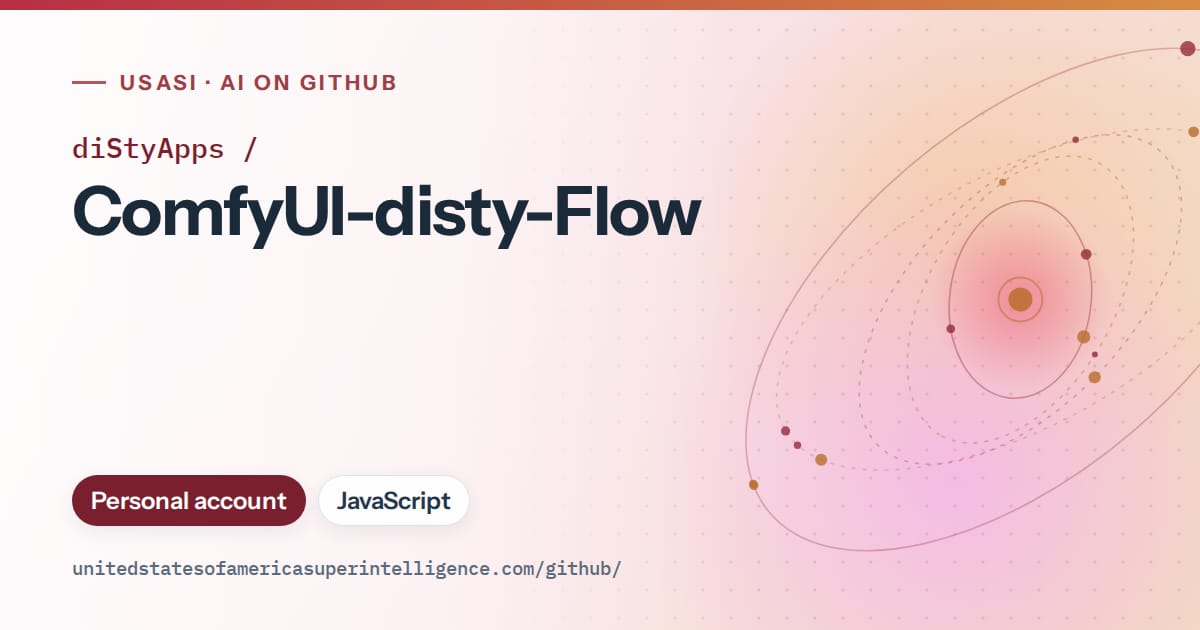 Generated red orbit artwork for diStyApps/ComfyUI-disty-Flow, labeled USASI · AI on GitHub, with Personal account · JavaScript.