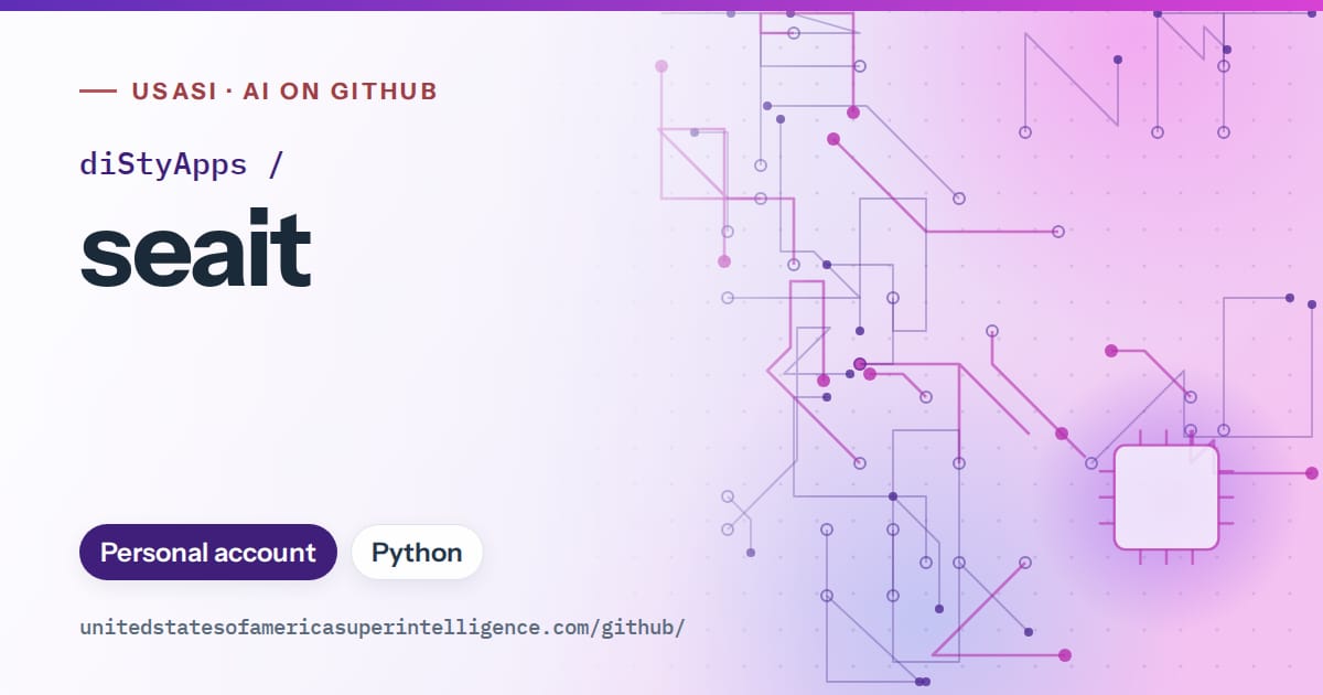 Generated violet circuit-trace artwork for diStyApps/seait, labeled USASI · AI on GitHub, with Personal account · Python.
