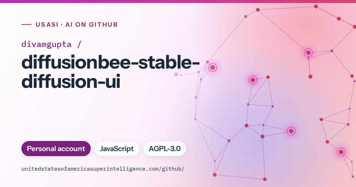 Generated purple constellation network artwork for divamgupta/diffusionbee-stable-diffusion-ui, labeled USASI · AI on GitHub, with Personal account · JavaScript · AGPL-3.0.