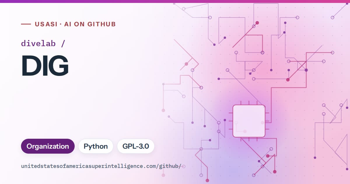 Generated purple circuit-trace artwork for divelab/DIG, labeled USASI · AI on GitHub, with Organization · Python · GPL-3.0.