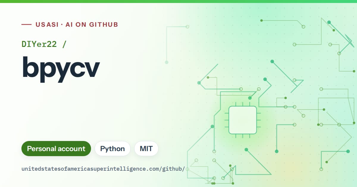 Generated green circuit-trace artwork for DIYer22/bpycv, labeled USASI · AI on GitHub, with Personal account · Python · MIT.