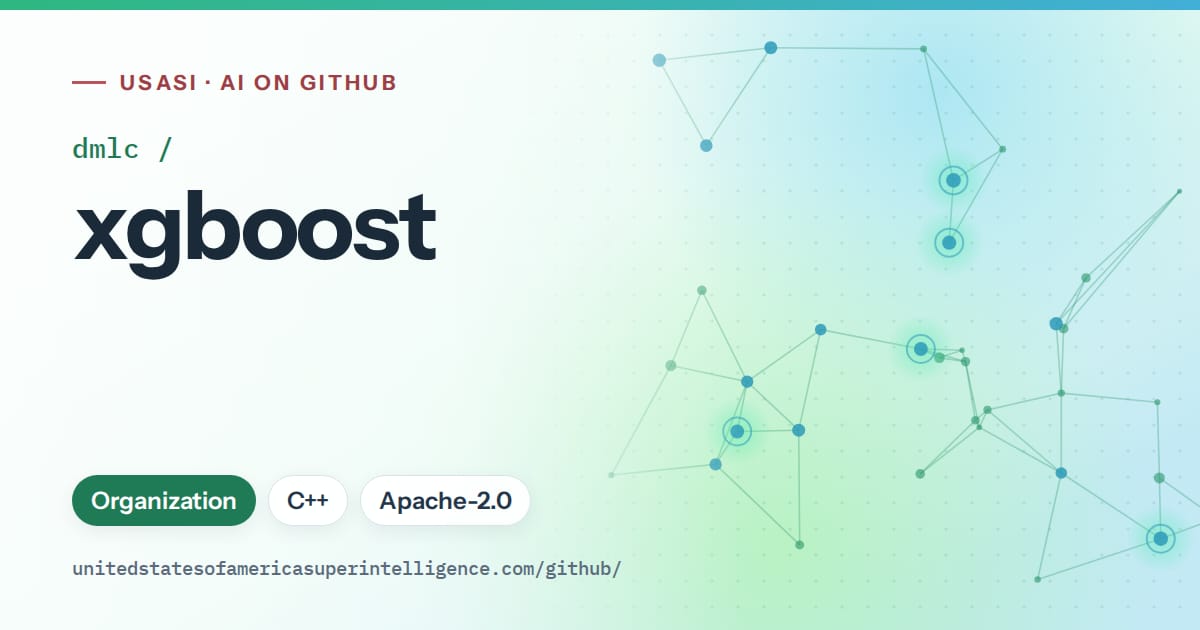 Generated teal constellation network artwork for dmlc/xgboost, labeled USASI · AI on GitHub, with Organization · C++ · Apache-2.0.