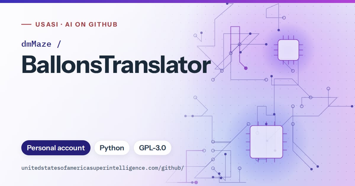 Generated blue circuit-trace artwork for dmMaze/BallonsTranslator, labeled USASI · AI on GitHub, with Personal account · Python · GPL-3.0.