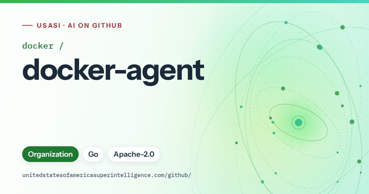 Generated green orbit artwork for docker/docker-agent, labeled USASI · AI on GitHub, with Organization · Go · Apache-2.0.