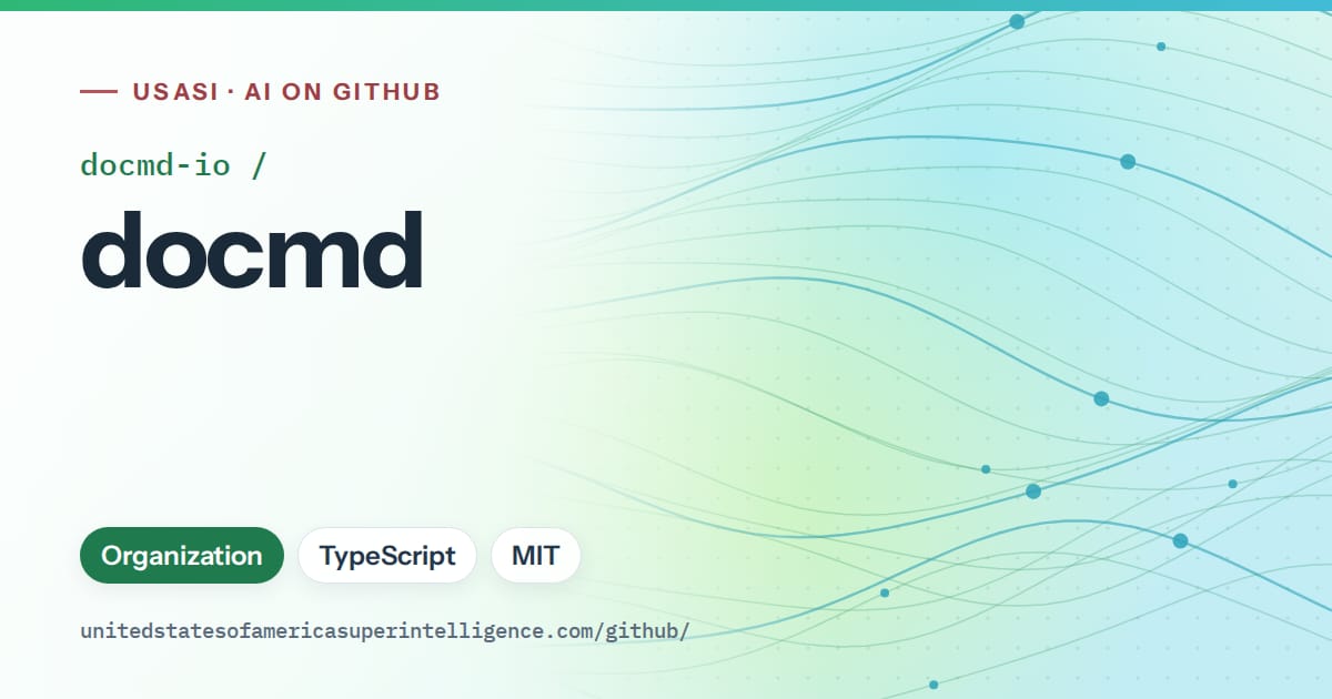 Generated teal flowing-wave artwork for docmd-io/docmd, labeled USASI · AI on GitHub, with Organization · TypeScript · MIT.
